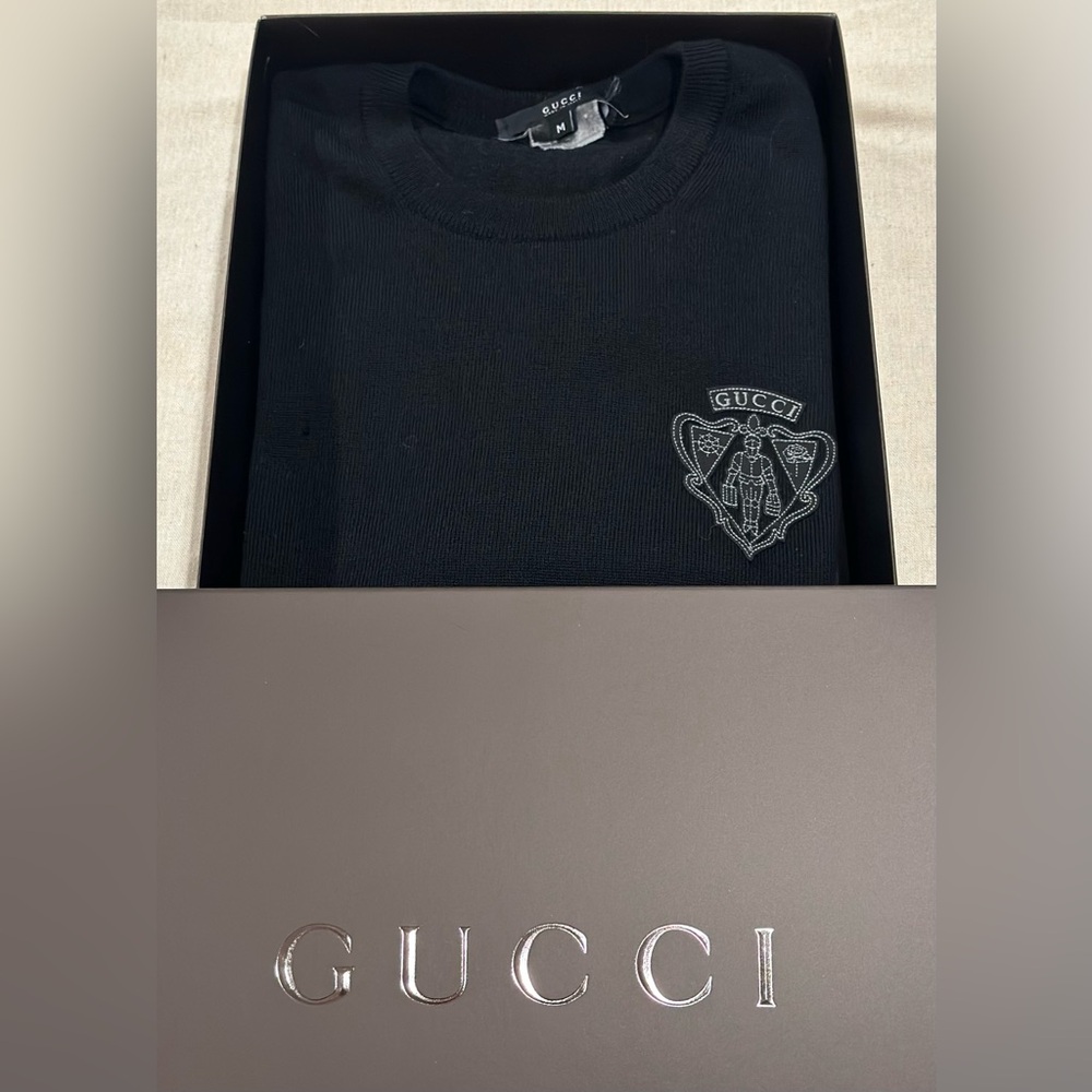 Vintage Gucci “family crest” black wool sweater